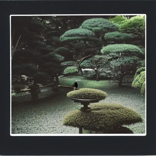 Image similar to polaroid photo of an japanese garden taken at night with flash, grainy