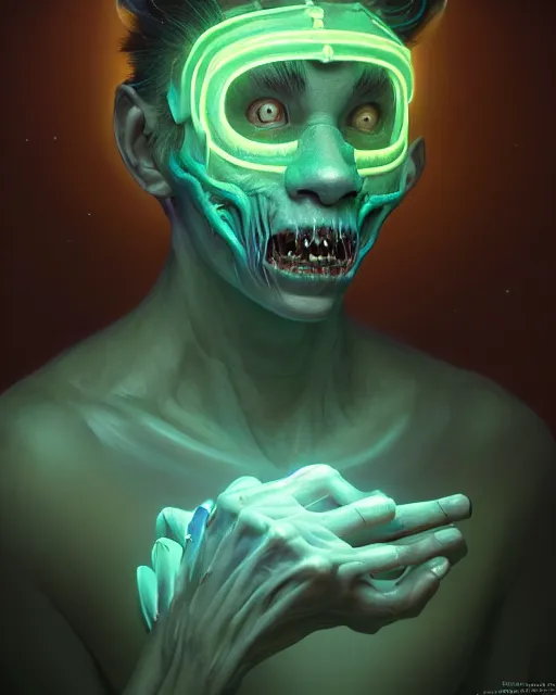 Prompt: portrait of a creepy cute boy monster, bioluminescent, highly detailed, digital painting, cinematic lighting, hyperrealism, dark retrowave, art by stanley lau and artgerm and magali villeneuve and alphonse mucha, artstation hd, octane render, cgsociety