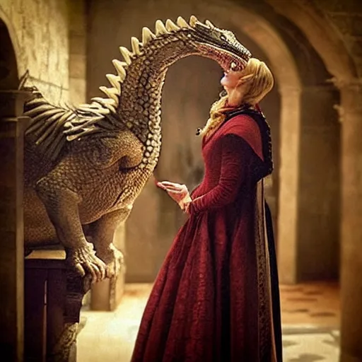 Image similar to “Cersei Lannister, petting her dragon”