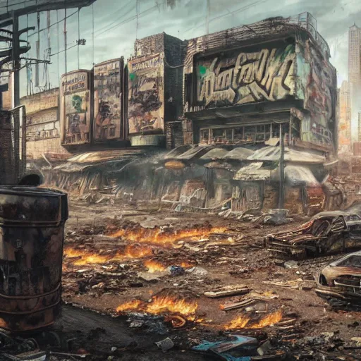 Image similar to hyperrealistic matte painting of a wasteland leftover from nuclear cataclysm, survivors cooking rats over a trashcan fire, intricate detail, complex, long street, cyberpunk buildings, graffiti, cyberpunk ads, 8 k resolution, technological, endless street, by hugh ferris, by noriyoshi ohrai, cyberpunk style, smooth, octane, concept art, trending on artstation
