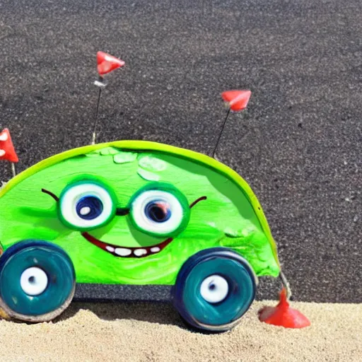 Image similar to cabbage car with brussels sprouts wheels having fun at the beach