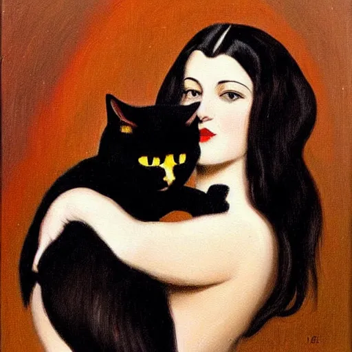 Image similar to a painting of a woman holding a black cat, an art deco painting by georges emile lebacq, featured on deviantart, gothic art, pre - raphaelite, gothic, goth, wiccan, tarot card