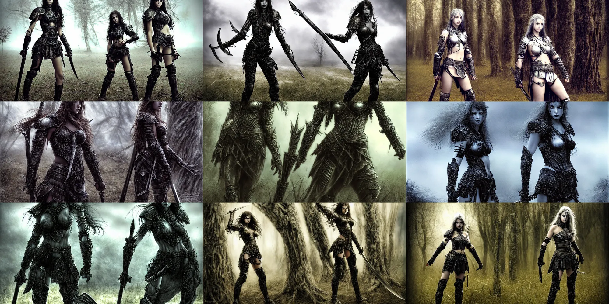 Prompt: young female warrior in light armor, standing on the field of battle, haunted forest, in style of luis royo
