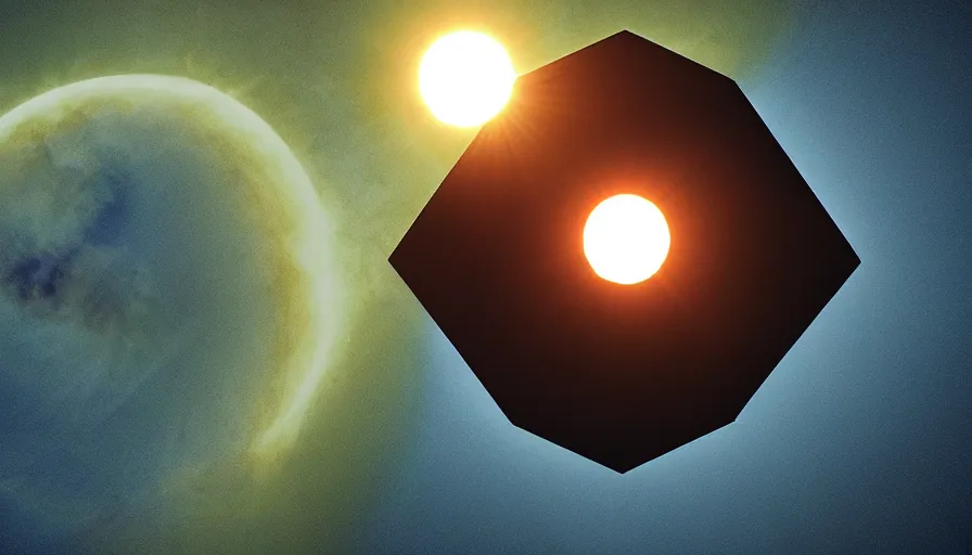 Image similar to hexagon floating above earth, solar eclipse, rick guidice