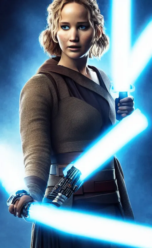 Prompt: jennifer lawrence as a jedi holding up a blue lightsaber, very dark background, official new star wars episode xi movie poster from lucas arts, perfect symmetrical face, moody lighting, 8 k, shallow depth of field, intricate detail,