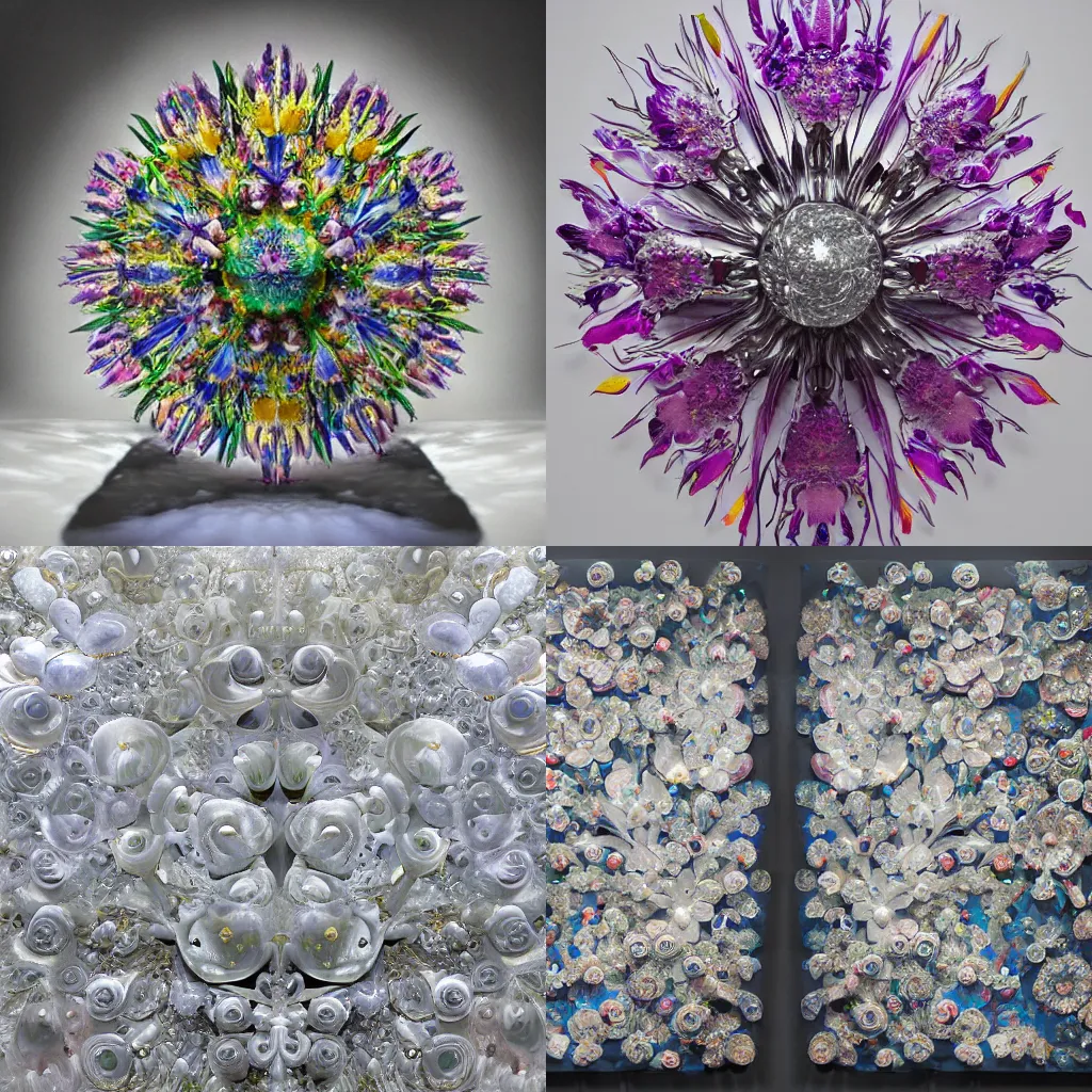 Prompt: beautiful intricately detailed flowers made of liquid mercury and exploding liquid nitrogen, in a vibrant fine detailed modern fine art style by Marc Quinn and Damien Hirst