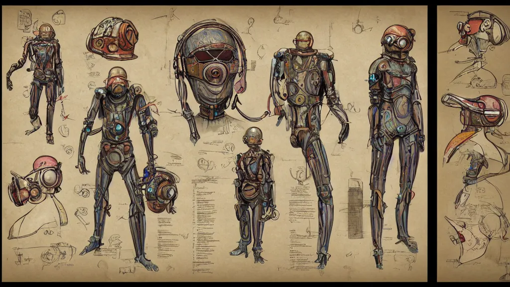 Image similar to aged paper, concept art, colorful character sheet for a male extraterrestrial cyborg warlord wearing victorian diving helmet, retrofuture, fantastic planet, moebius, valerian, coherent, illustration, digital art, trending on artstation, hd, 8 k, good lighting, beautiful, rough paper, masterpiece