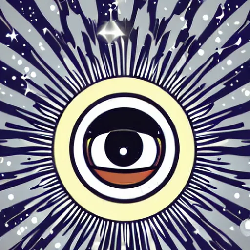 Image similar to a glowing crown sitting on a table with one large beautiful eye on top of it like a jewel, stars on top of the crown, night time, vast cosmos, geometric light rays exploding outwards into stars, sharp bold black lines, flat colors, minimal psychedelic 1 9 5 0 s poster illustration