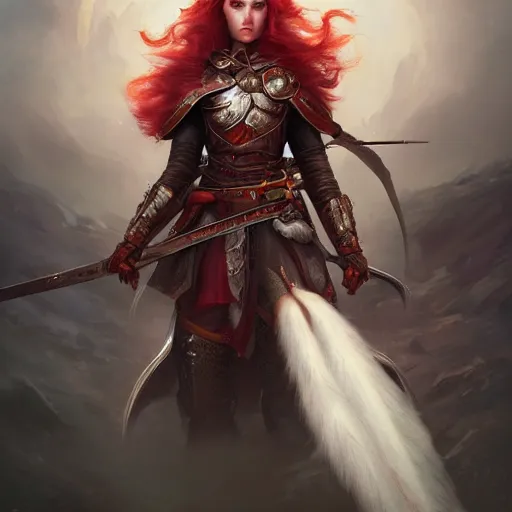 Prompt: a beautiful hyper realistic detailed epic concept art showing a noble knight women with red hair accompanied by the sacred spirit raccoon, by tom bagshaw, ross tran and bayard wu, in the style of dragon age, featured on artstation