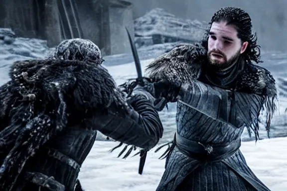 Image similar to very very intricate photorealistic photo of jon snow fighting the night king, photo is in focus with detailed atmospheric lighting, award - winning details