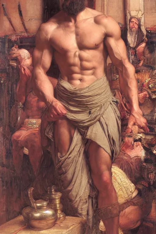 Image similar to muscular botanist man, orientalist intricate portrait by john william waterhouse and edwin longsden long and theodore ralli and nasreddine dinet, hyper realism, dramatic lighting