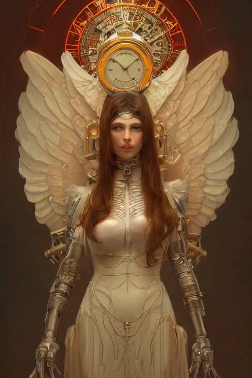 Image similar to Portrait of beautiful pale steampunk mechanical angelic maiden warhammer 40000, cinematic red lighting, intricate, elegant, highly detailed, digital painting, artstation, smooth, sharp focus, illustration, art by artgerm and greg rutkowski and zdislav beksinski and alphonse mucha and Wayne Barlowe and william-adolphe bouguereau