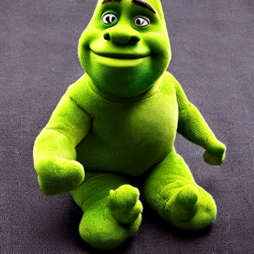 Image similar to a terrible knockoff plush toy of Shrek being sold on ebay, photograph, poorly taken photograph, weird angle, realistic, hyperrealistic, very detailed, extremely detailed, dark lighting, poor lighting, very realistic, thumb on the camera lens, HD quality, 8k resolution, funny