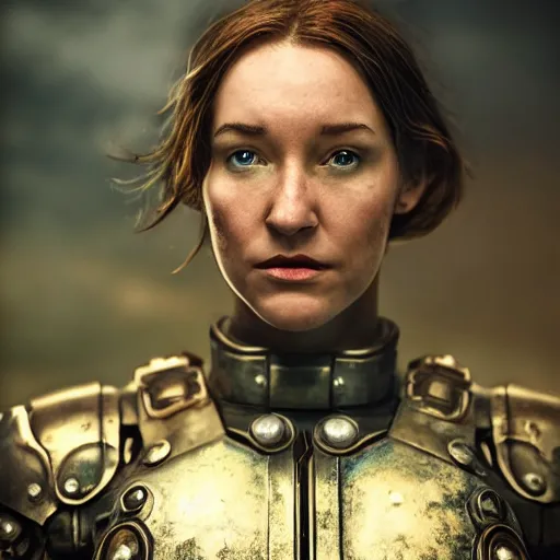 Image similar to unknown fallout 5 female character portrait, partially clothed in highly detailed metal armour, atmospheric lighting, painted, intricate, mist, cold, volumetric lighting, beautiful, blue moon light, golden ratio, sharp focus, ultra detailed, by leesha hannigan, ross tran, thierry doizon, kai carpenter, ignacio fernandez rios