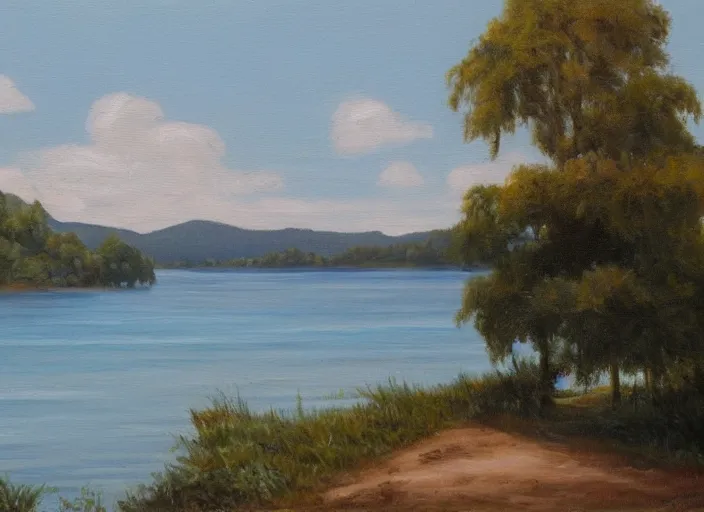 Image similar to yacht at a lake near the shore with tree hills, oil painting, detailed