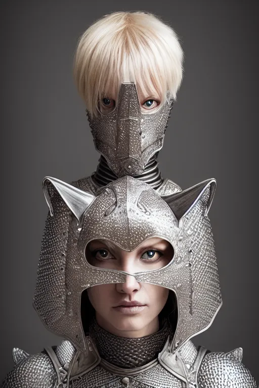 Image similar to female knight wearing a real cat on her head, armor designed by wayne barlowe, swarovski and tiffany, blonde hair, symmetry, sci - fi, cinematic, elegant, luxury, perfect light, perfect composition, dlsr photography, sharp focus, dark fantasy, 8 k, ultra hd, sense of awe, highly detailed, realistic, intricate