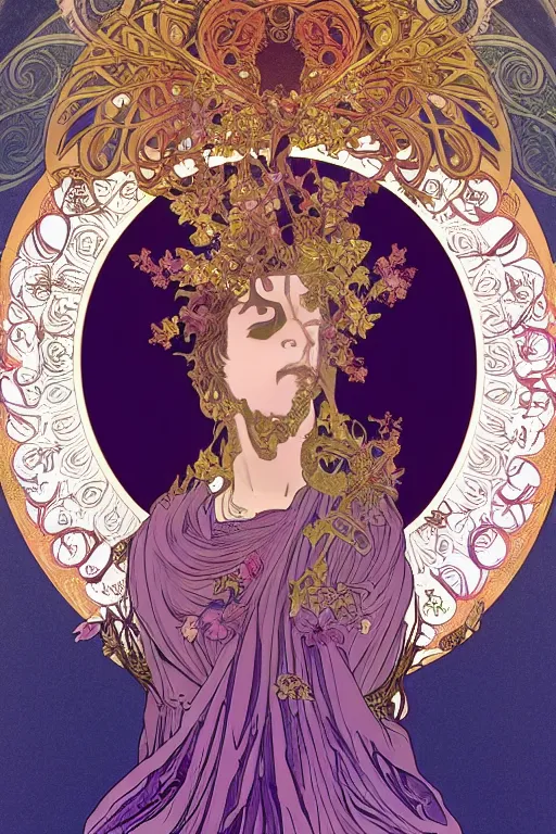 Prompt: thanatos, beautiful male god of death, closed eyes, long hair, wearing ornate violet clothes, gold jewelry, moon, by Alphonse Mucha, super detailed, 4k, illustration