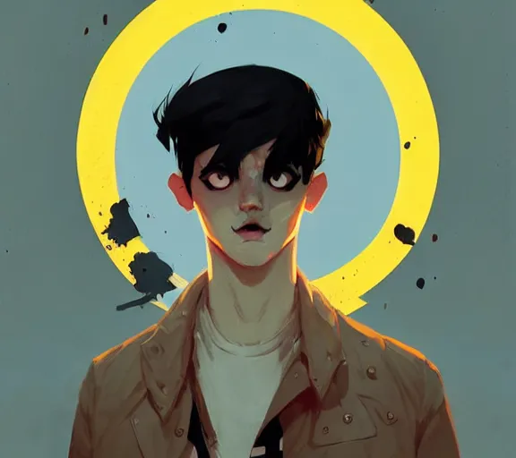 Image similar to portrait man with black hair and yellow eyes, by atey ghailan, by greg rutkowski, by greg tocchini, by james gilleard, by joe fenton, by kaethe butcher, by ashley wood, dynamic lighting, gradient light blue, brown, blonde cream and white color scheme, grunge aesthetic