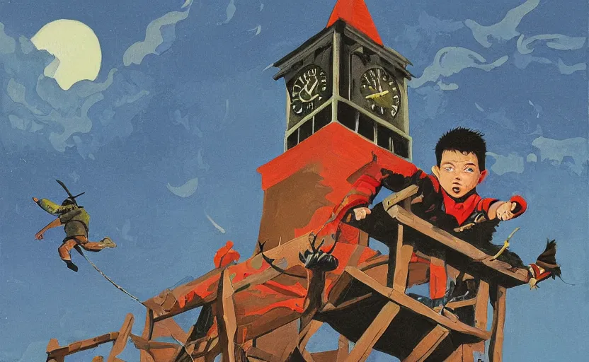 Image similar to a boy fighting a wolf on the edge of a clocktower, by peter chan gouache, print