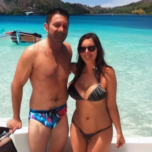 Image similar to photo of a 4 0 year old man that looks young for his age dating a very attractive 2 2 year old woman wearing a bikini.
