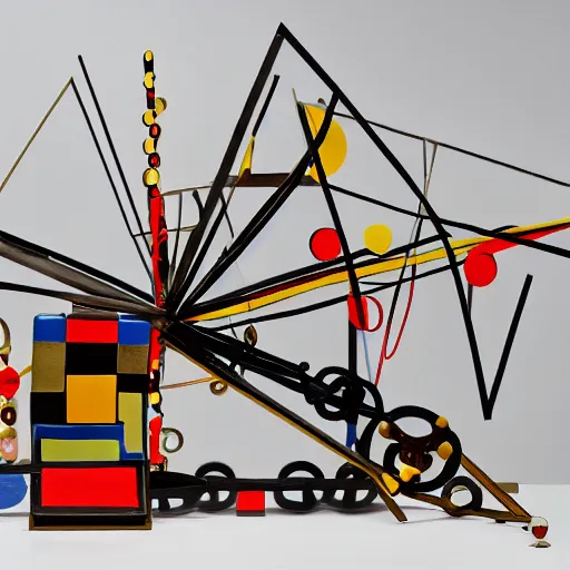 Prompt: a mechanical kinetic sculpture made of painted wood blocks, brass sheet, steel wire, acrylic, marbles, electric motors, chain and sprockets. alexander calder. gallery photograph.