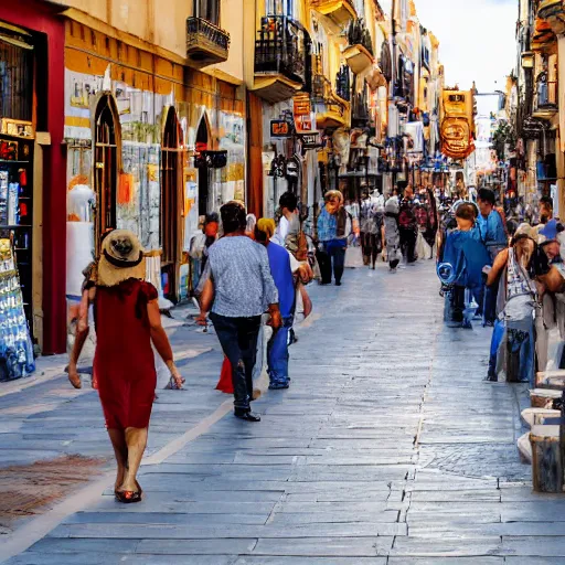 Image similar to a busy side street in valencia, people outside eating meals, taverns nighttime lifestyle, photorealistic