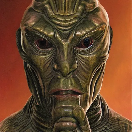 Image similar to humanoid reptilian priest, bronze age, portrait, high quality, symmetrical, hd photorealistic by alex ross