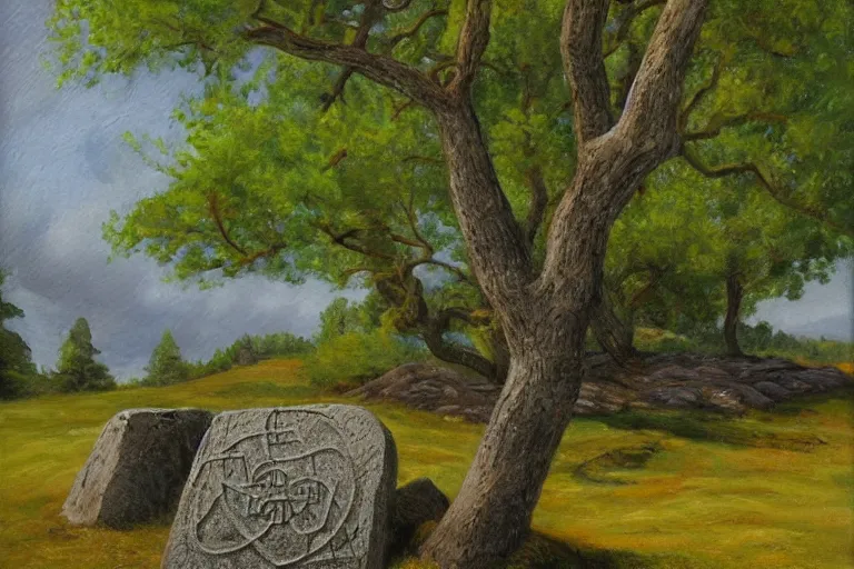 Prompt: runestone, megalithic, monument, nature, trees, focused, centered, very detailed, norse, histor, oil painting