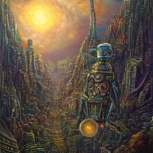Image similar to a detailed fantasy painting of a robot city with a lot of aliens running up that hill with Kate Bush, by lauri blank, artgerm, evelyn de morgan, 8K, 50mm lens
