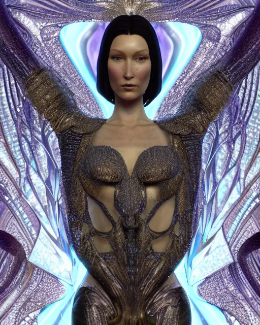 Image similar to a highly detailed metahuman 4 k close up render of an alien goddess bella hadid as alien in iris van herpen dress schiaparelli in diamonds crystals swarovski and jewelry iridescent in style of alphonse mucha gustav klimt trending on artstation made in unreal engine 4