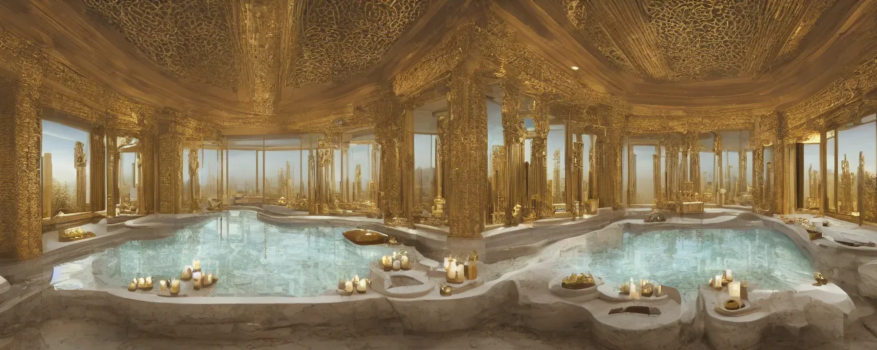 Prompt: photo of a cinematic interior of a double height hyper luxury spa with everything made of gold, candles, windows with view to desert mountains and river, beige stone marble floor with reflection, small wellness relaxation pool, intricate hieroglyph detailed roof, contemporary design, sacred geometry, 8 k, hyperrealistic, photorealism,