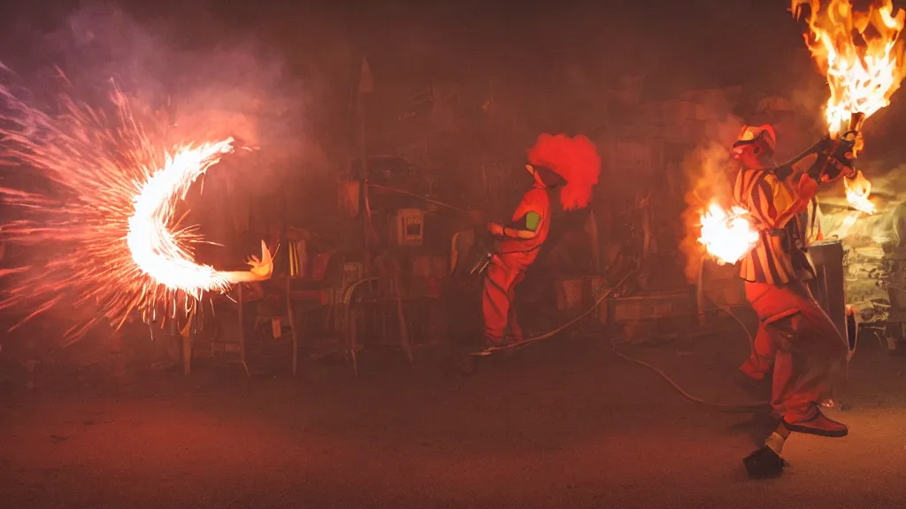Prompt: photo of a clown using a flamethrower projecting a long bright flame towards a dumpster fire. award-winning, highly-detailed, 8K