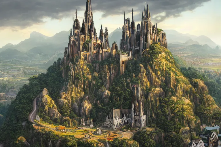 Image similar to an ultra detailed matte landscape painting of an german gothic capital city built into the side of a mountain with many tall spirally towers, sweeping vista, tiny coastal fishing village very far away, ultrawide lens, aerial photography, 8 k, volumetric lighting, smooth, highly detailed, digital illustration, art by greg rutkowski and akira toriyama and artgerm