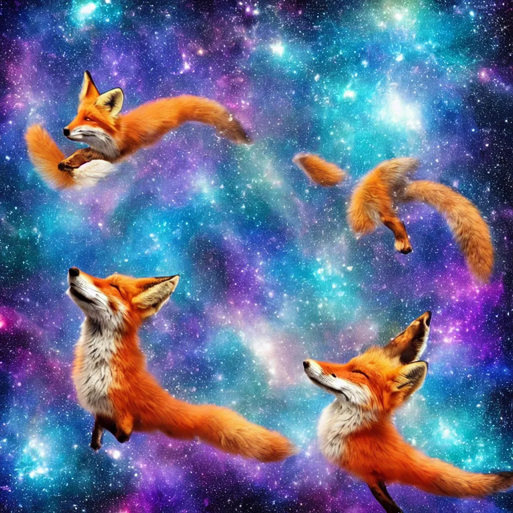 Image similar to a fox swimming in a lake in space staring up at a galaxy, realistic, colorful