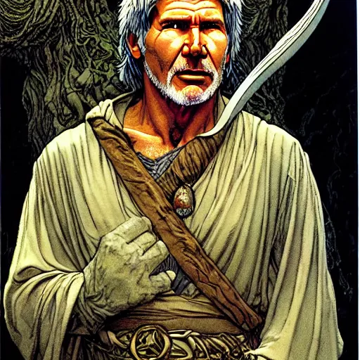 Image similar to a realistic and atmospheric portrait of harrison ford as a druidic warrior wizard looking at the camera with an intelligent gaze by rebecca guay, michael kaluta, charles vess and jean moebius giraud