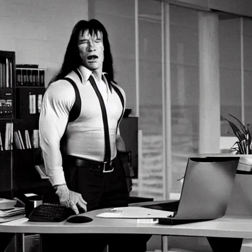 Prompt: arnold schwarzenegger, arnold schwarzenegger as conan the barbarian sitting at a desk, as an office worker, in an office, inside an office building, sitting at a desk, angrily shouting at a laptop, angry at laptop, laptop computer, computer trouble, technical difficulties, software error, crisp lighting, corporate photography