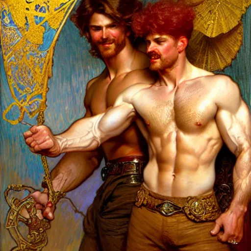 Image similar to attractive muscular mike with ginger hair and muscular attractive ty with brunet hair, drinking their hearts out, in their noble house. highly detailed painting by gaston bussiere, craig mullins, j. c. leyendecker, alphonse mucha 8 k
