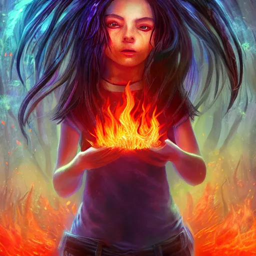 Prompt: magical astonishing dark forest is protected by an indigenous girl with a red-sleeved T-shirt using jeans, her hair glows on fire as she protects the forest with her fire powers, and her eyes are pure fire. trending on artstation, splash art hyper-detailed, 4K