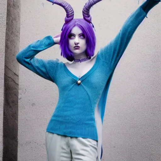 Image similar to female necromancer with pale blue skin, indigo hair and curved horns wearing a purple sweater