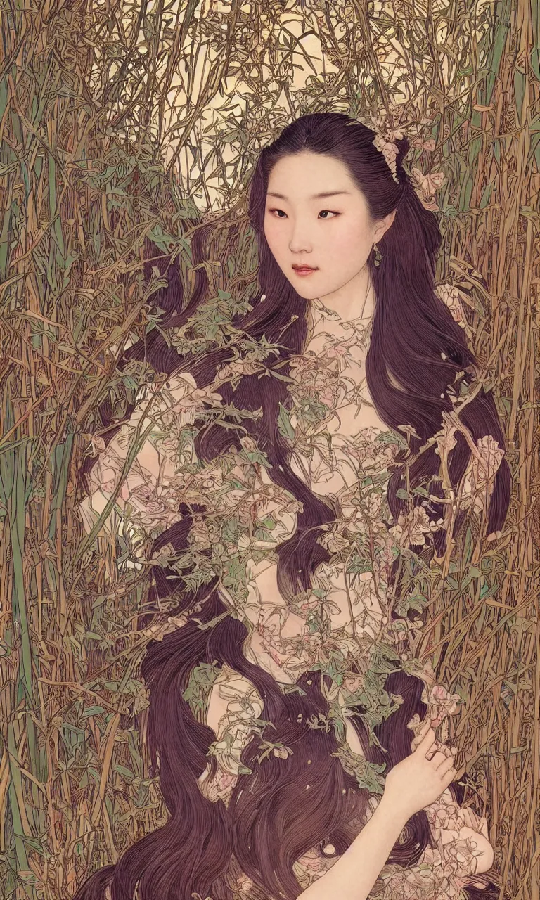 Image similar to a beautiful portrait of an ancient chinese princess in the bamboo forest, flowing hair, fantasy, regal, intricate, art nouveau, swirly intricate linework background by stanley artgerm lau, greg rutkowski, victo ngai, alphonse mucha, loish, norman rockwell