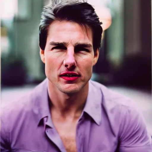 Image similar to photo tom cruise with purple hair, and red lipstick, cinestill, 800t, 35mm, full-HD