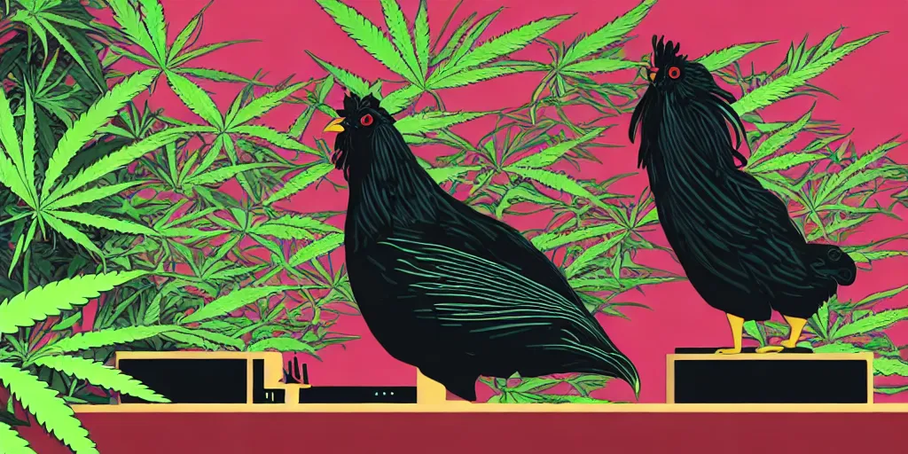 Image similar to 'black chicken'!!! smoking 'cannabis'!!!!!! in front of 'audio console'!!!! and 'multi monitors'!!!! 'in a hi-tech tv broadcasting studio'!!!!, artwork by James Gilleard