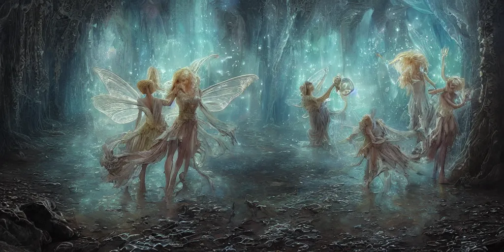 Image similar to concept art of translucent glowing fairies dancing, lovecraftian, renaissance, melting, round moon, rich clouds, fighting the horrors of the unknown, very detailed, volumetric light, mist, fine art, decaying, textured oil over canvas, epic fantasy art, very colorful, ornate intricate scales