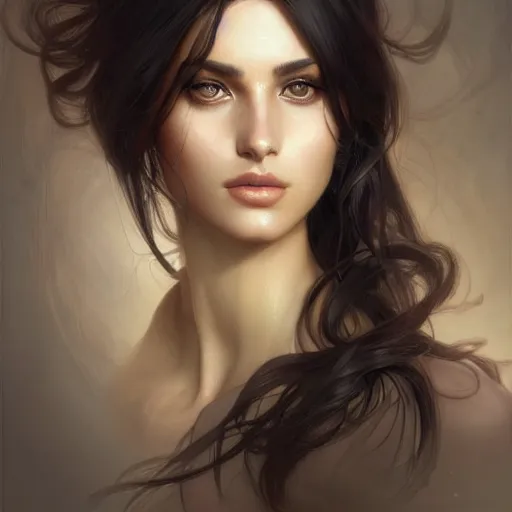 Image similar to Italian Supermodel, olive skin, long dark hair, beautiful bone structure, intricate, elegant, highly detailed, digital painting, artstation, concept art, smooth, sharp focus, illustration, art by artgerm and greg rutkowski and alphonse mucha