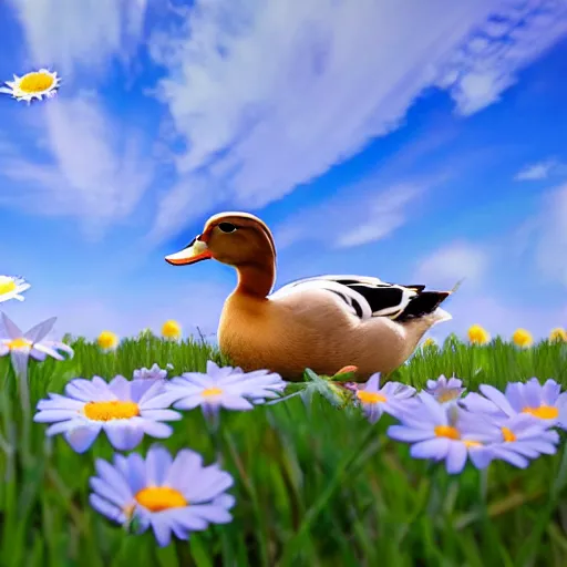 Prompt: a duck in a field of daisies on a bright sunny day, duck surrounded by daisies, with clouds in the sky, lots of little daisies in the field, spring, nature, beautiful, disney pixar style