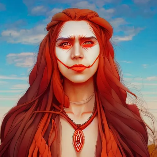 Image similar to in the style of artgerm and Andreas Rocha and Joshua Middleton, beautiful Native American young woman with long hair and red paint strip across eyes, smile on face, Symmetrical eyes symmetrical face, bead necklace, scenic prairie in background sunrise, natural lighting, warm colors