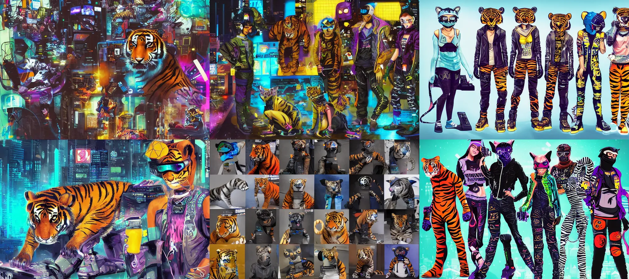 Prompt: cyberpunk anthro tiger computer hacker spandex skater goggles cat person grinning netrunner tiger itsaunixsystem furry fursuit feline