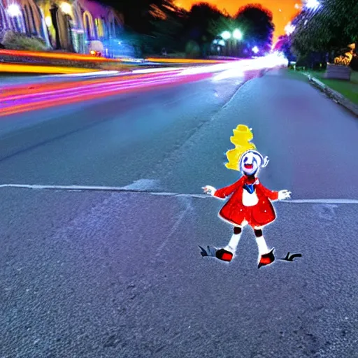 Prompt: a clown in the middle of the street at night, dash cam footage