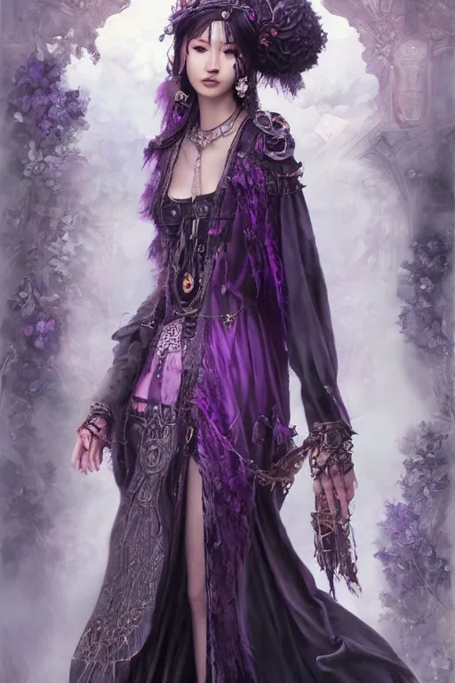 Image similar to photorealistic soft paint of absurdities and curiosities, single very beautiful asian princess full long dress, ultra deep fog, purple black lustrous thin haircut, partial symmetry accurate features, focus, very intricate ultrafine details, award winning masterpiece, steampunk world, ross tran