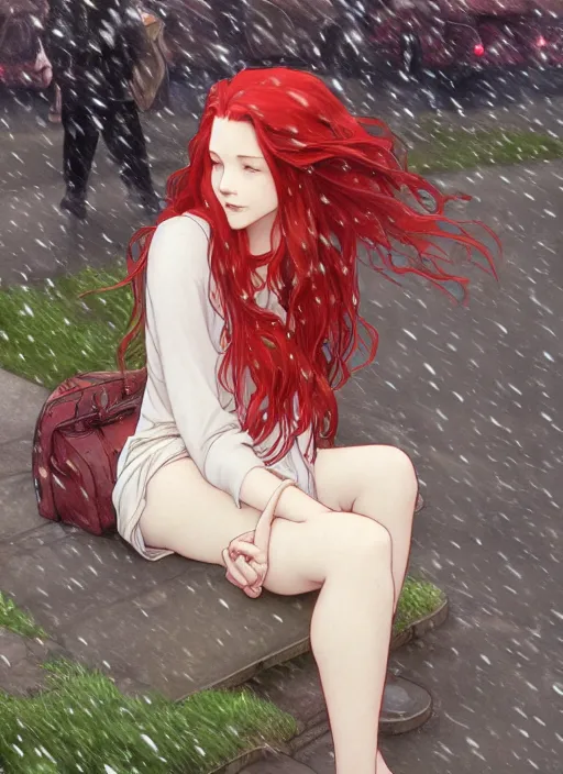 Image similar to pretty young woman with long red hair sitting at a bus stop in the rain, path traced, highly detailed, high quality, digital painting, by studio ghibli and alphonse mucha, leesha hannigan, makoto shinkai, disney